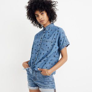 Madewell Denim Short Sleeve Tie Front Heart Print XS NWT